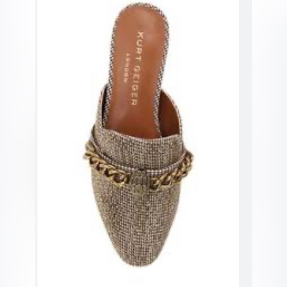 Kurt Geiger Gold Tweed Chain-Trim Mules